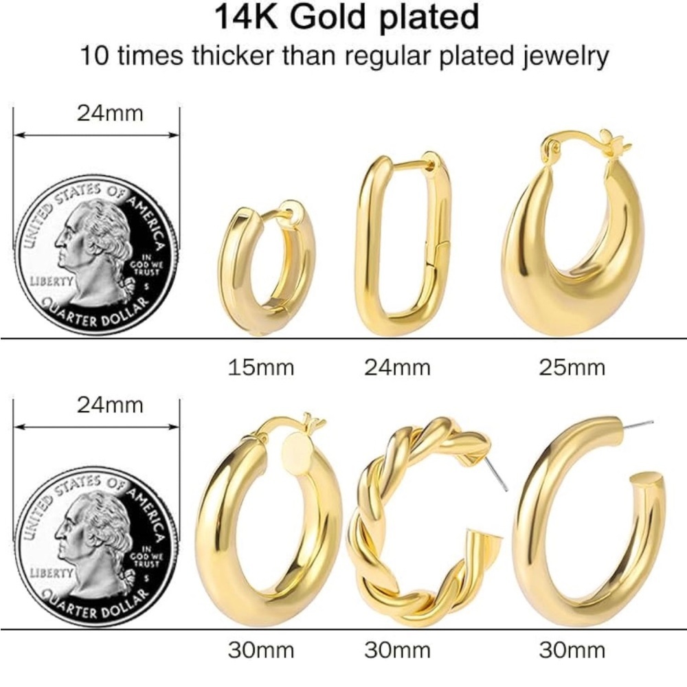 NWT set of SIX PAIRS of 14k gold plated chunky hoop huggie earrings ✨ - Picture 3 of 3